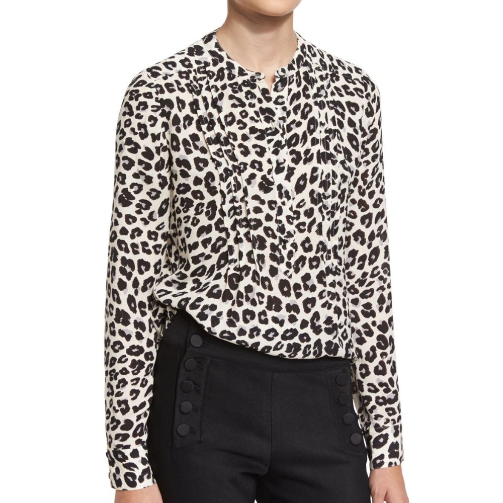 Veronica Beard Harmony Silk Leopard Animal Print Popover Top Mandarin Collar 10